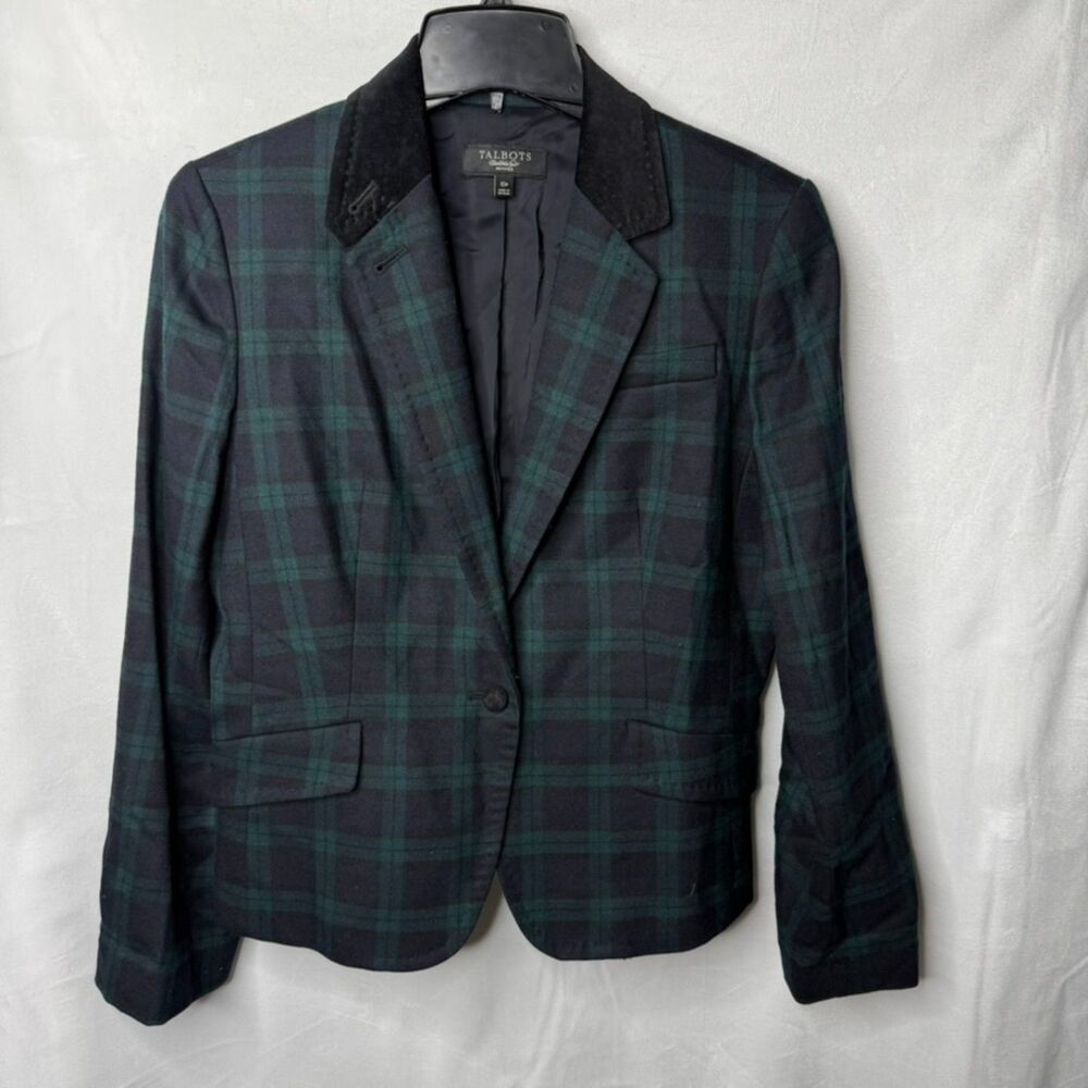 Talbots Blazer Jacket Womens Plaid Tartan 2-Button, Navy/Green ,Petite 10
